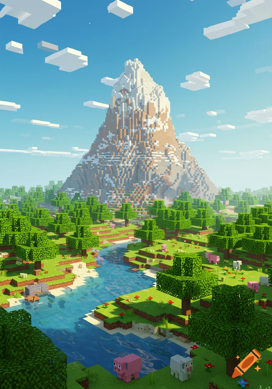 A vibrant Minecraft-style landscape featuring a large snowy mountain, a winding river, dense forests, and blocky animals.