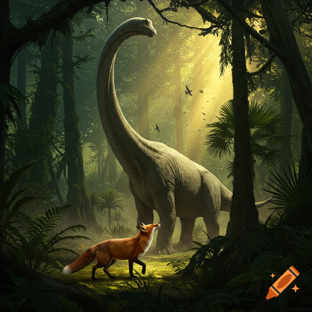 A photorealistic image of a small fox looking up at a large dinosaur in a lush jungle with sun rays filtering through the trees.