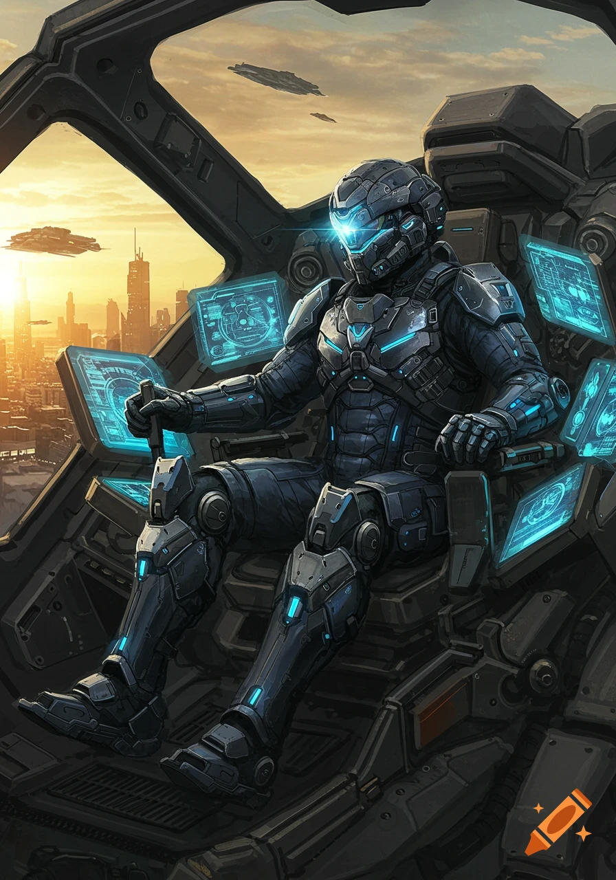 A futuristic mech pilot in a detailed suit sits in a cockpit surrounded by glowing blue holographic screens, overlooking a cityscape at sunset.