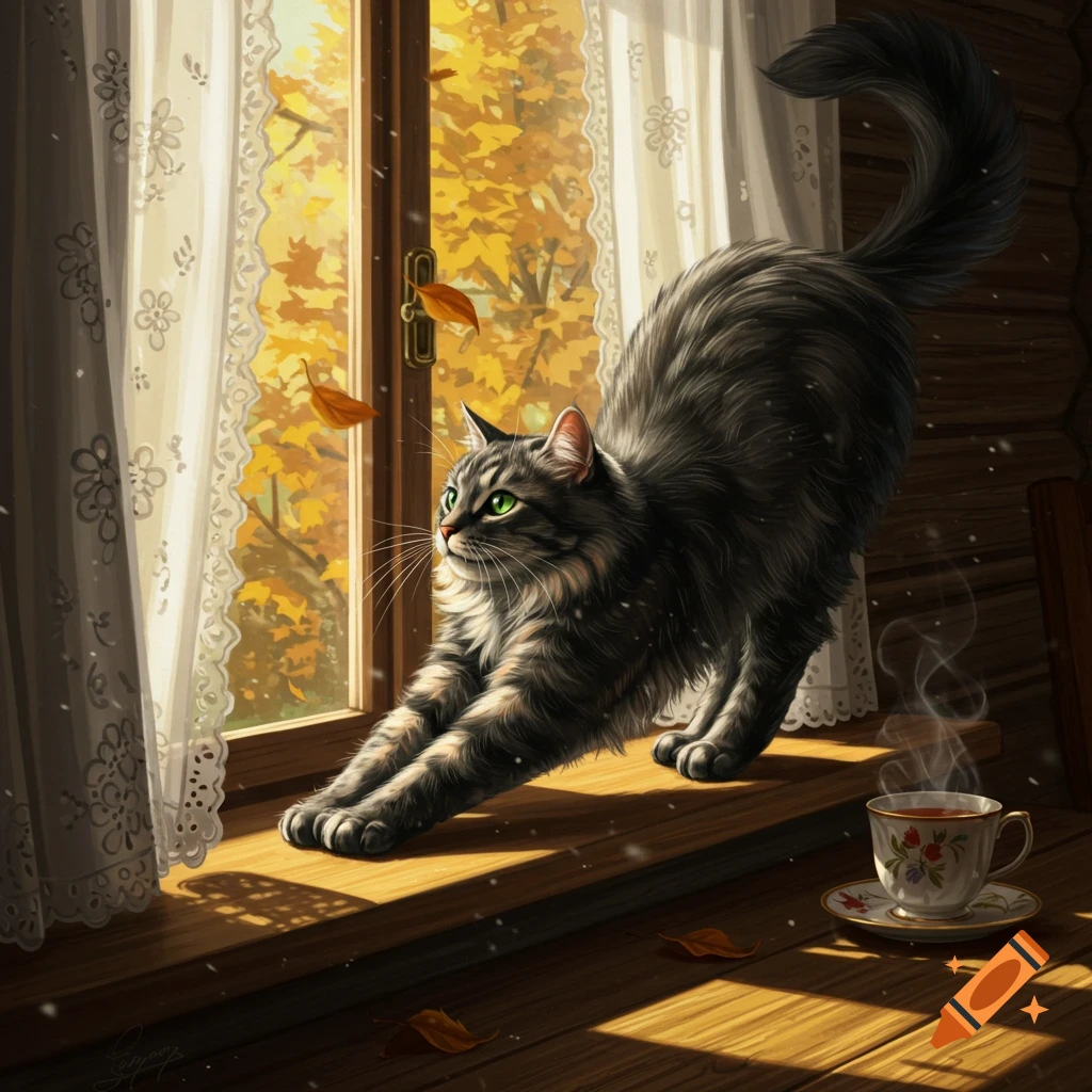 A fluffy gray cat stretches on a sunlit wooden windowsill, gazing out at golden autumn leaves, with a steaming cup of tea nearby.
