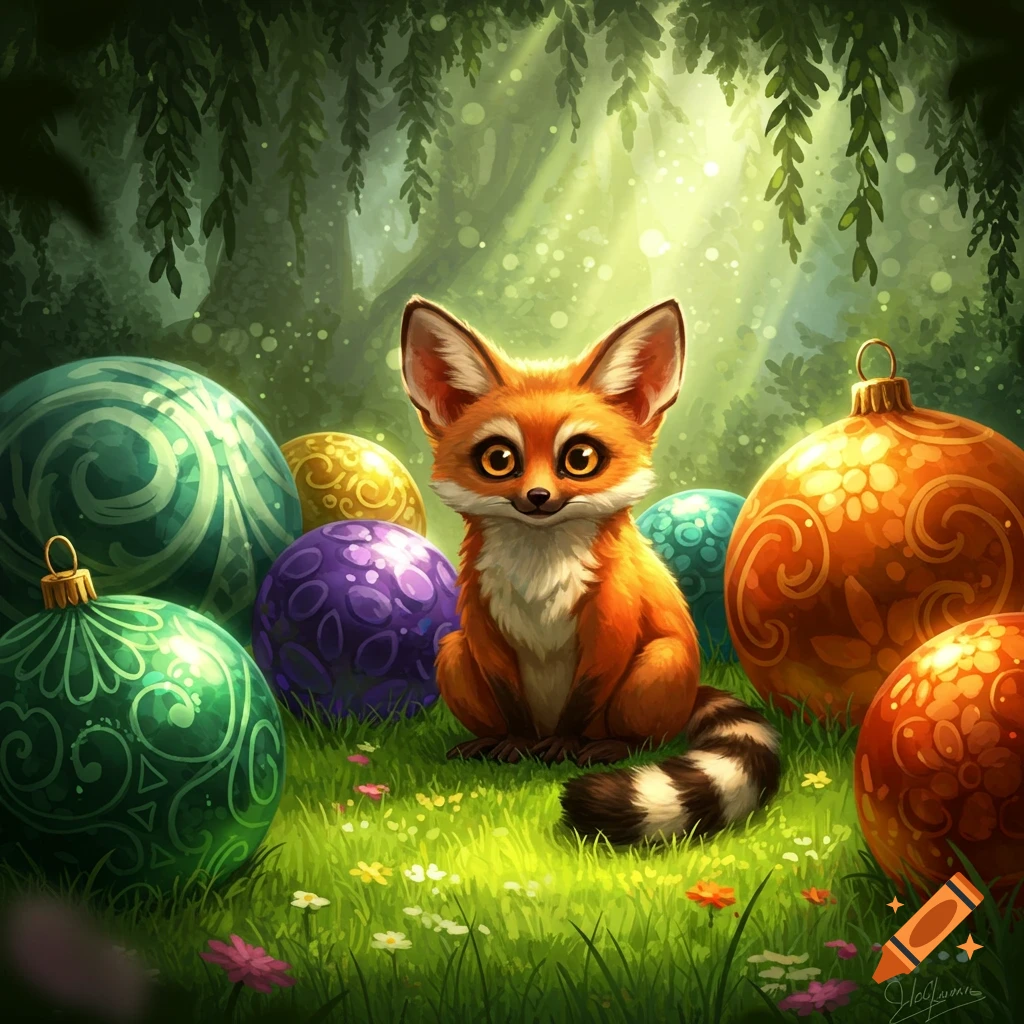 A cute, stylized lemurfox with large eyes sits on grassy ground amidst large, colorful, ornate Christmas ornaments in a sun-dappled forest.