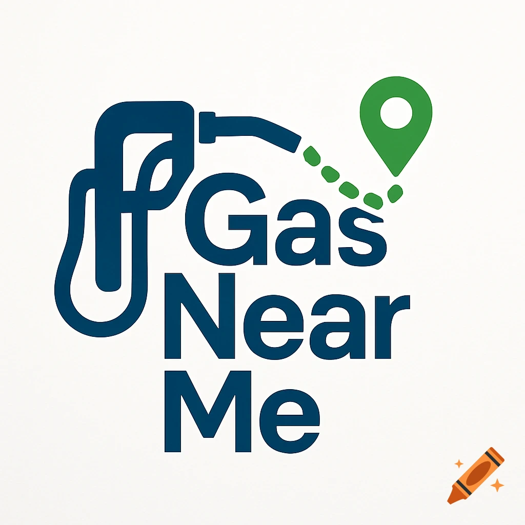 Logo with a blue gas pump icon and a green map pin connected by a dotted line, with the words 'Gas Near Me' below.