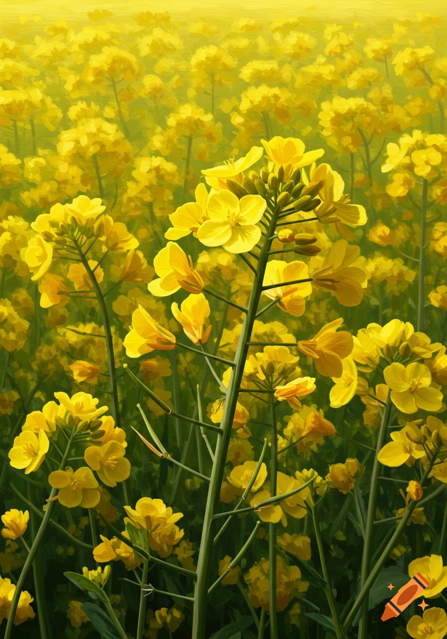 A vibrant field of yellow canola flowers painted in the style of Georgia O'Keeffe.