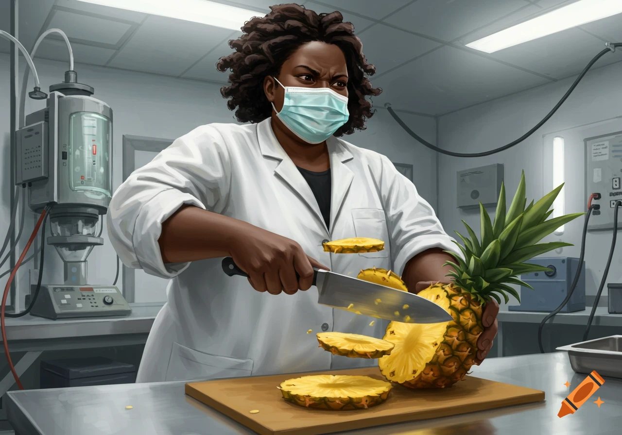 An African American woman in a lab coat and mask cuts pineapple in a laboratory.