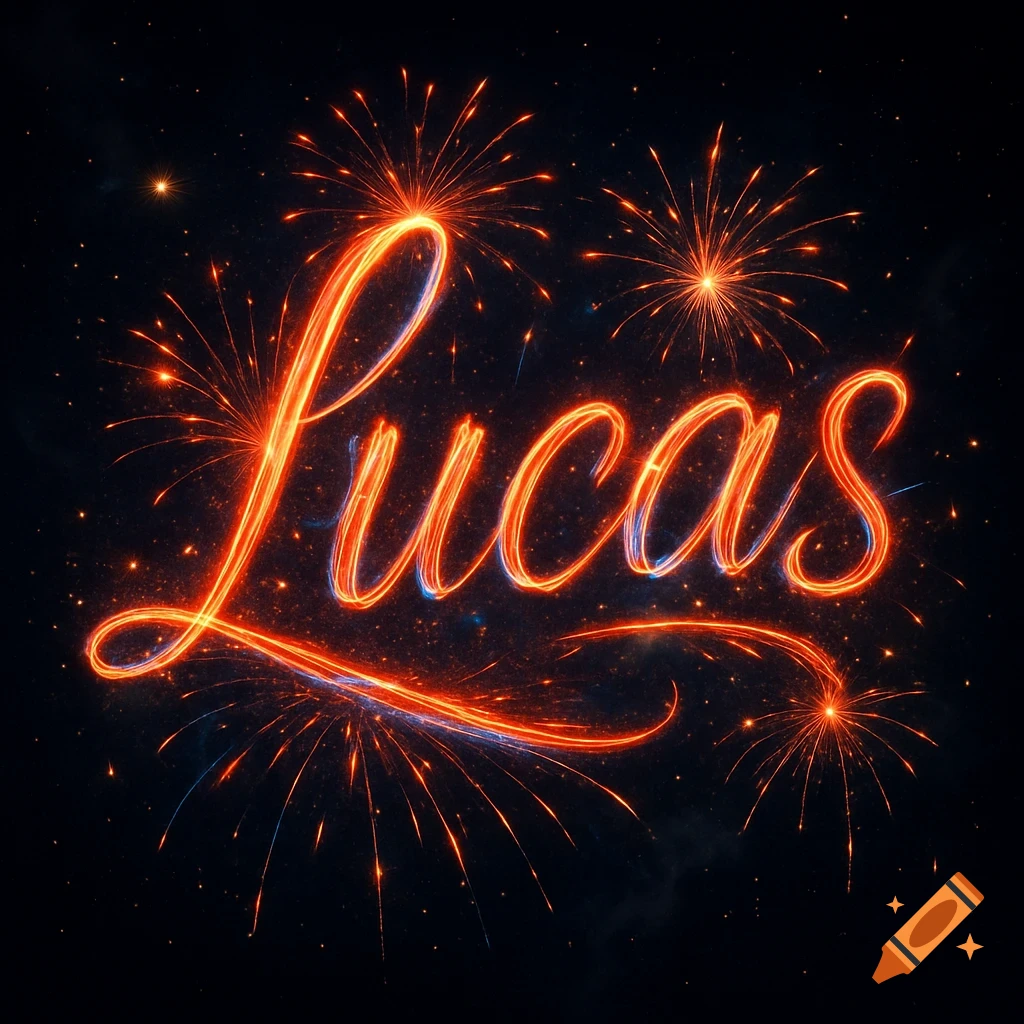 The name Lucas spelled out in bright orange, glowing lines like a sparkler, set against a dark, starry night sky with orange fireworks exploding around it.