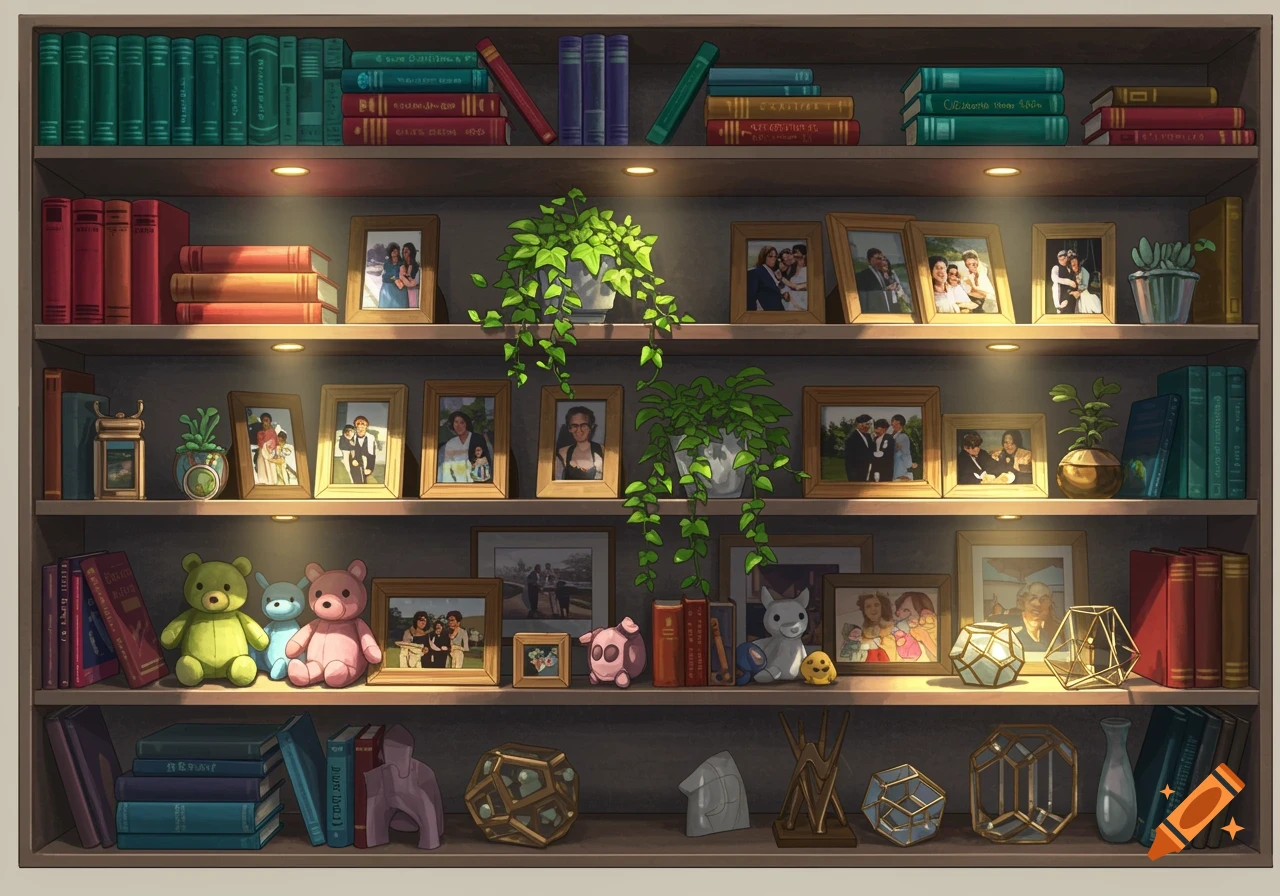An organized bookshelf filled with books, framed photos, potted plants, stuffed animals, and various decorative items.