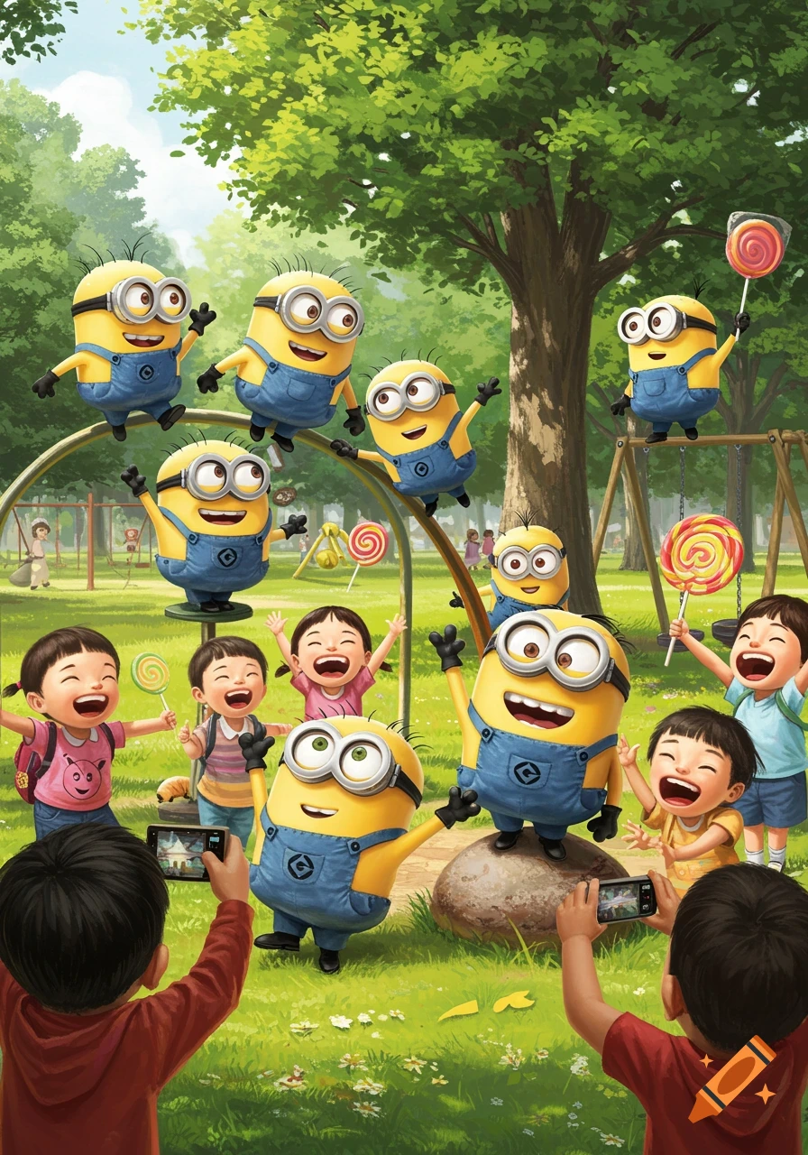 Illustrated scene of multiple Minions and happy children playing in a park, with some kids holding lollipops and others taking photos.