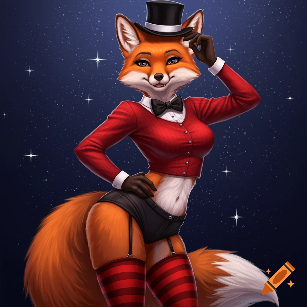 An anthropomorphic fox in a red crop top, black shorts, striped thigh highs, and a top hat, posing against a starry background.