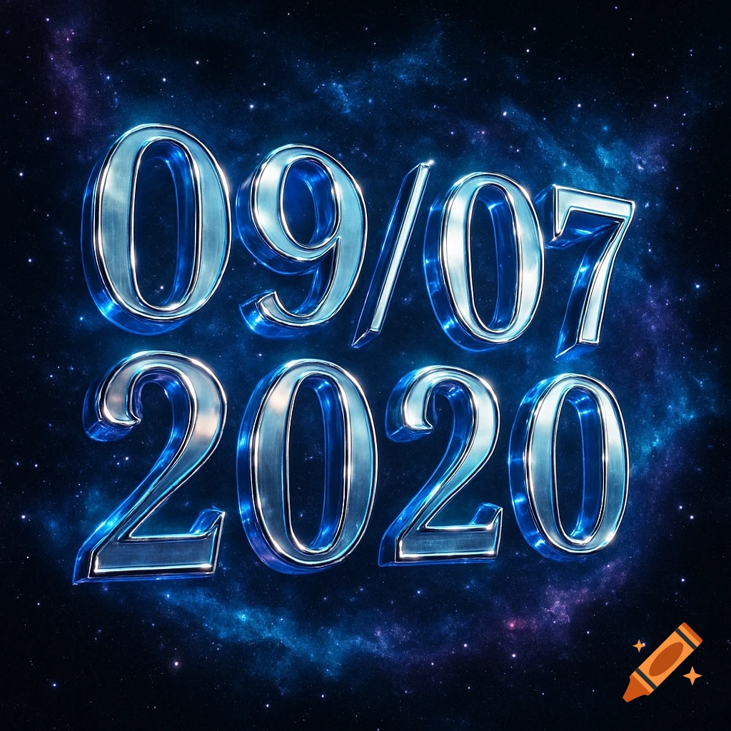 Shiny metallic blue numbers '09/07/2020' against a dark cosmic background with stars and nebulae.