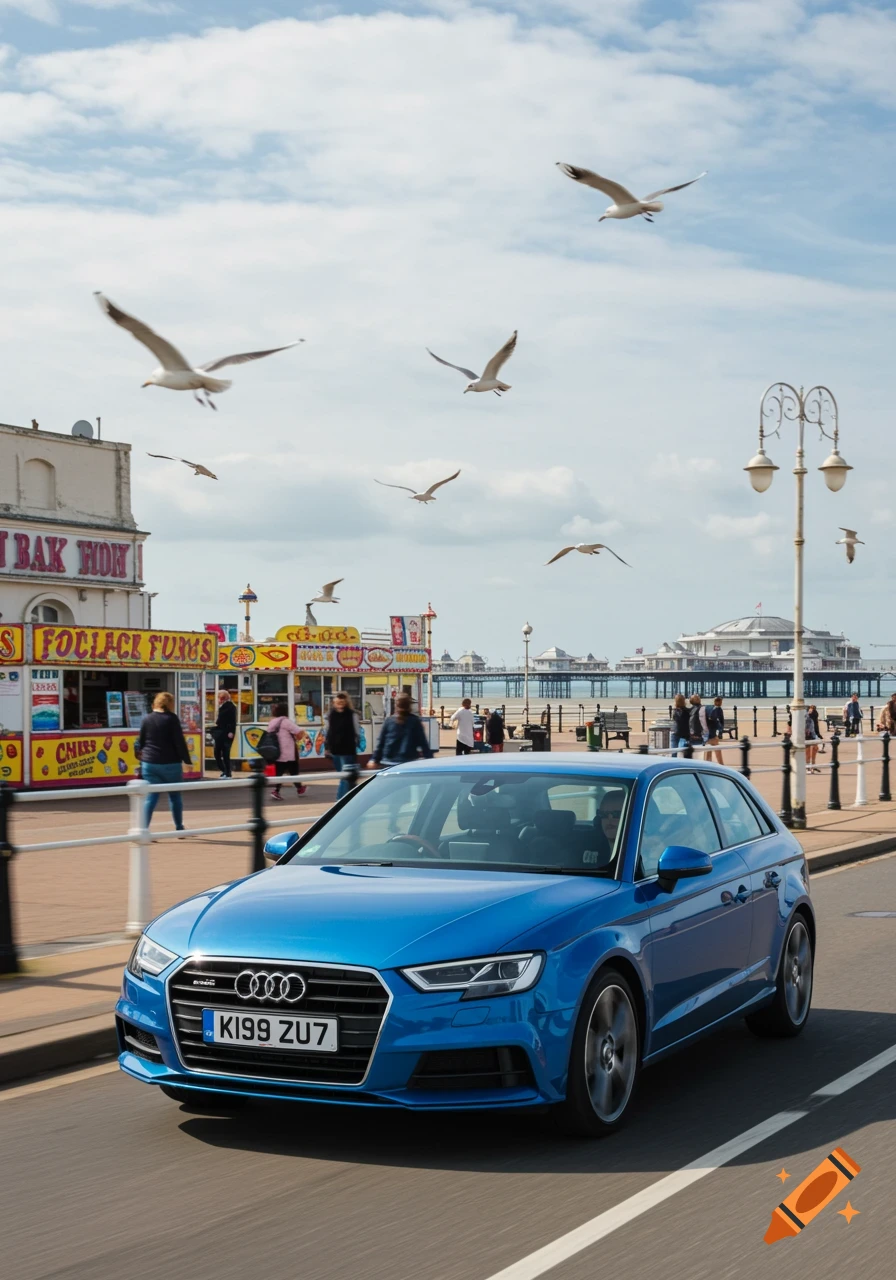 A photorealistic shot of a blue Audi A3 driving along a sunny seaside promenade with a driver visible. Seagulls fly overhead, and a pier is in the distance.