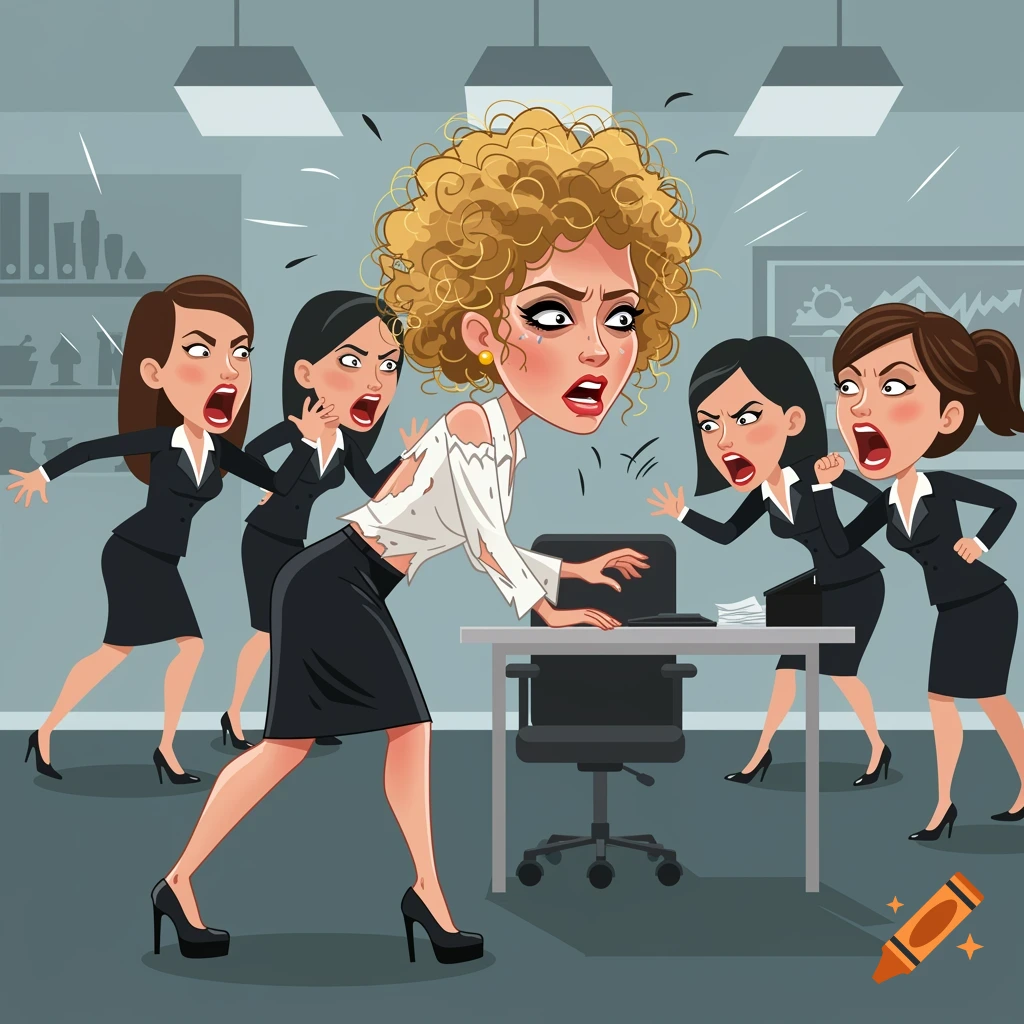 Cartoon caricature of a distressed woman with torn clothes in an office, surrounded by shouting businesswomen.