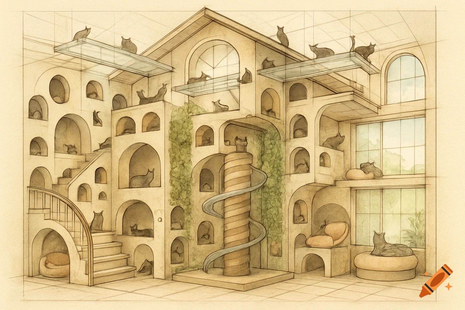 Architectural sketch of a large, multi-level cat house with numerous cats, featuring arched nooks, perches, stairs, and a spiral slide.