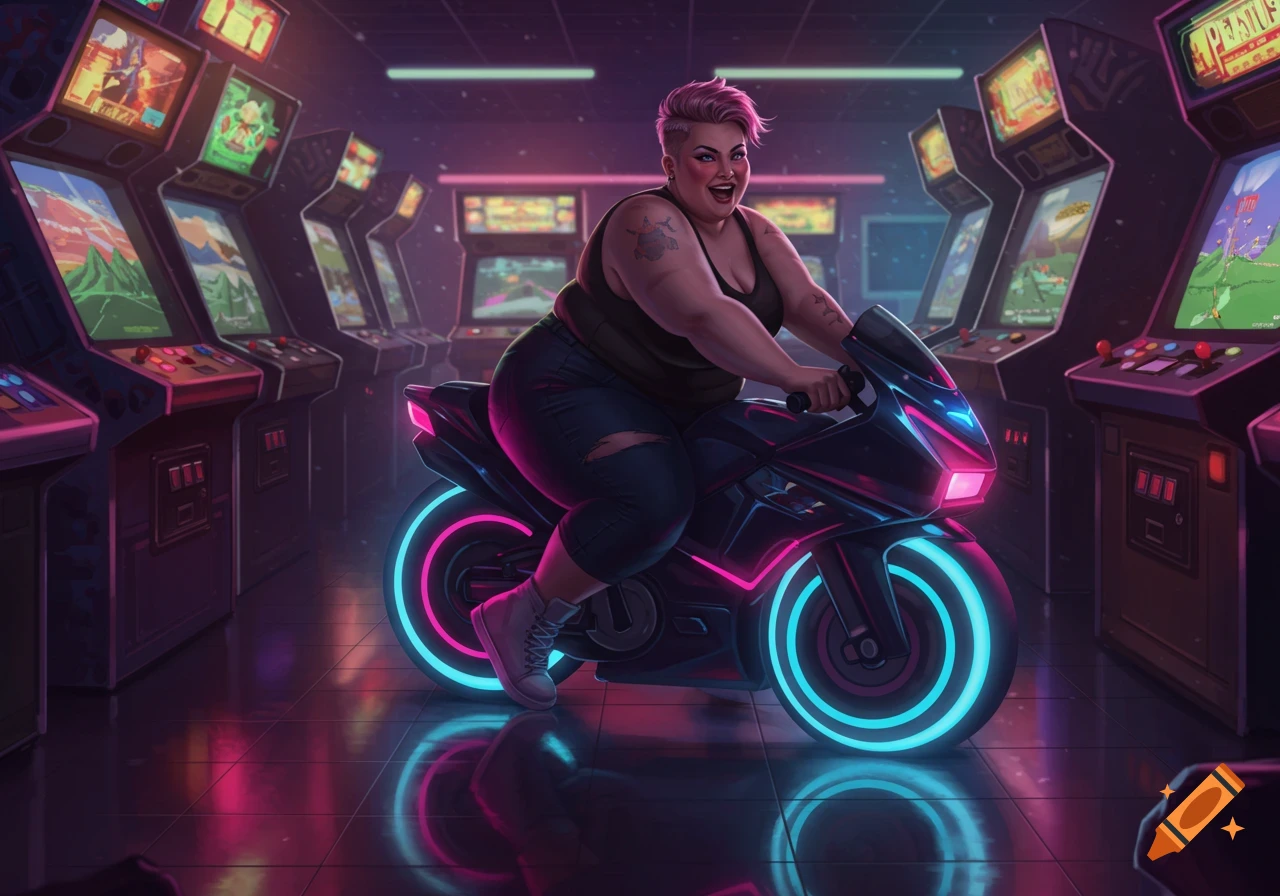 A woman with pink hair rides a neon-lit arcade motorcycle in a retro arcade filled with glowing machines.