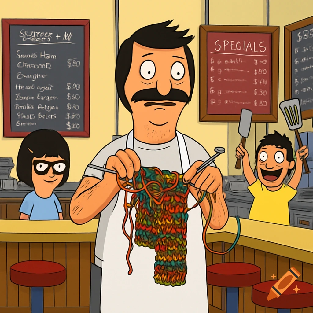 Bob Belcher awkwardly knits a lumpy, colorful scarf while Tina smiles in the background and Gene excitedly holds up two spatulas.