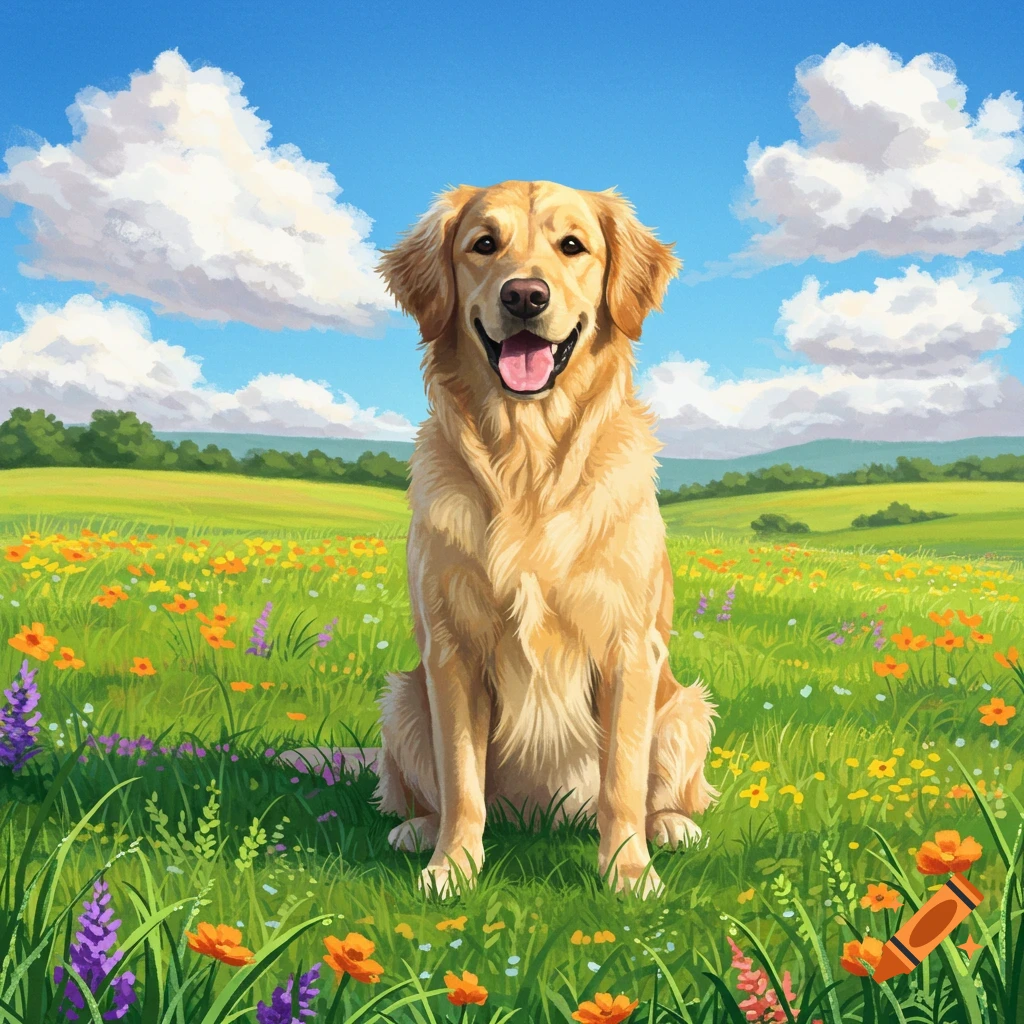 A happy golden retriever dog sits smiling in a vibrant green field full of colorful wildflowers under a blue sky with fluffy clouds.