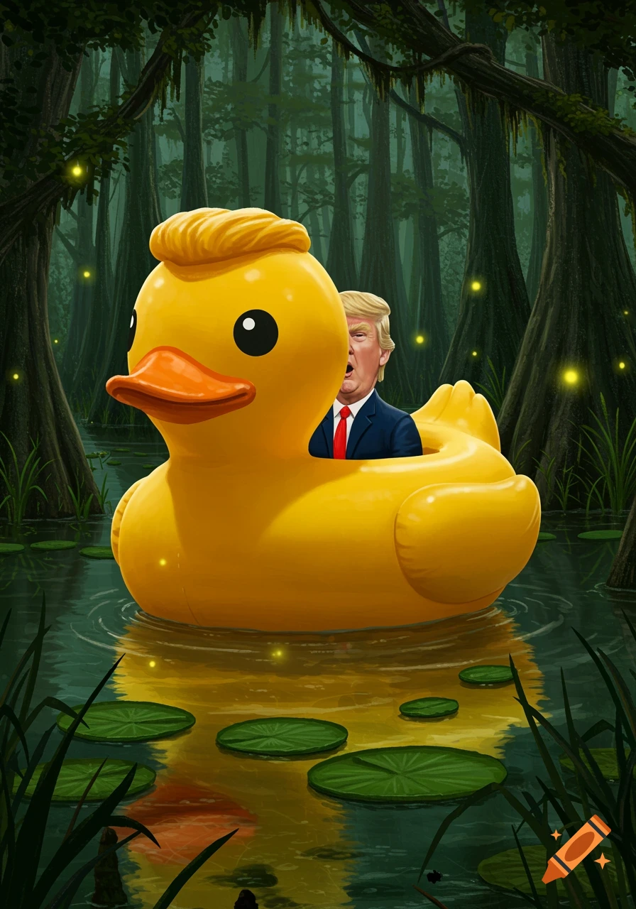 Donald Trump's head peeks from a large yellow rubber ducky floating in a dark swamp with lily pads and fireflies.