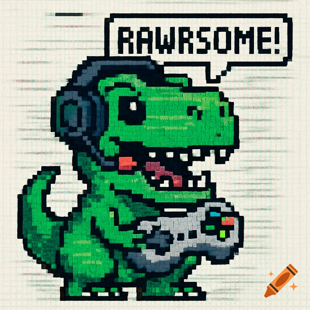 A green pixel art T-Rex wearing a gaming headset, holding a controller, with a speech bubble saying 'RAWRSOME!'.