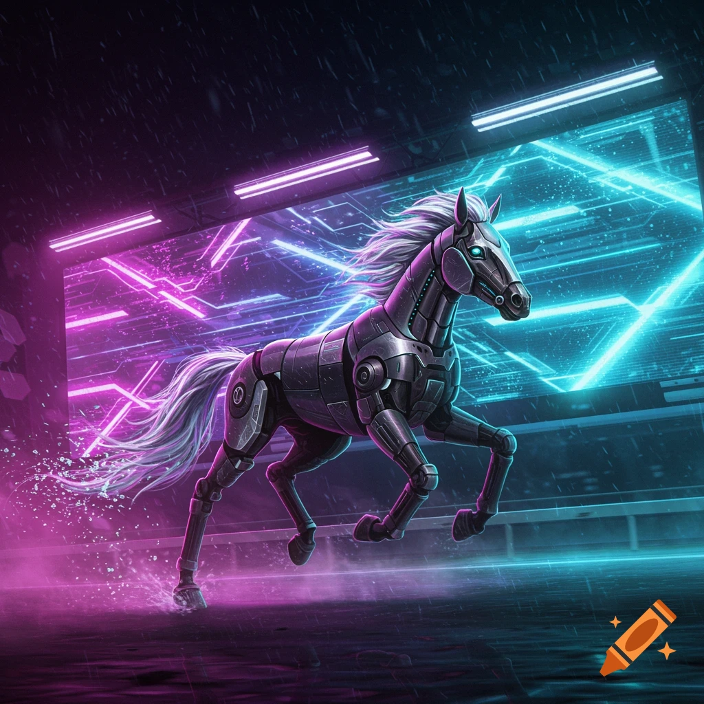 A detailed robotic horse with a flowing white mane gallops through a dark, futuristic arena lit by vibrant pink and blue neon lights.
