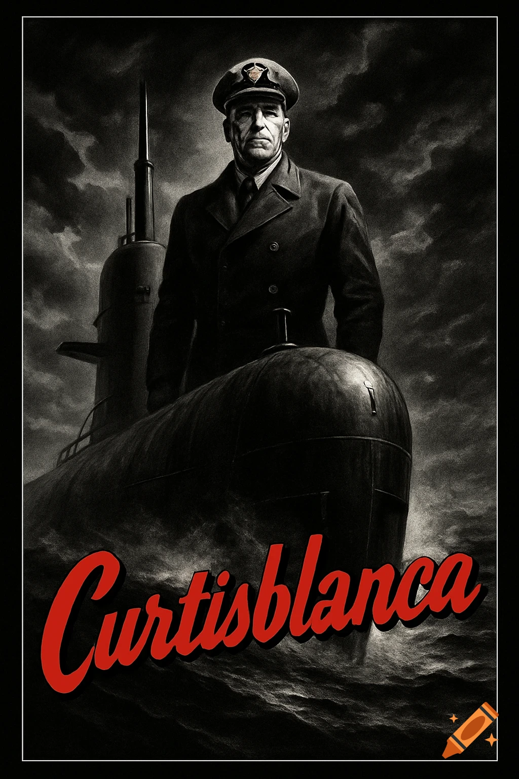 Black and white film noir movie poster of a stern submarine captain with a submarine in stormy waters. The title 'Curtisblanca' is in red.