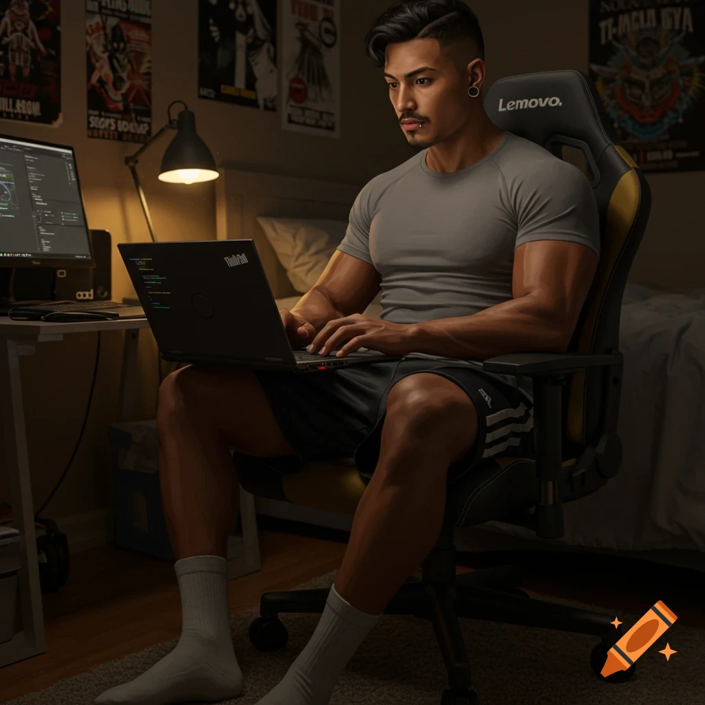 Hyperrealistic digital illustration of a muscular Hispanic man programming on a laptop in a cozy, dimly lit bedroom.