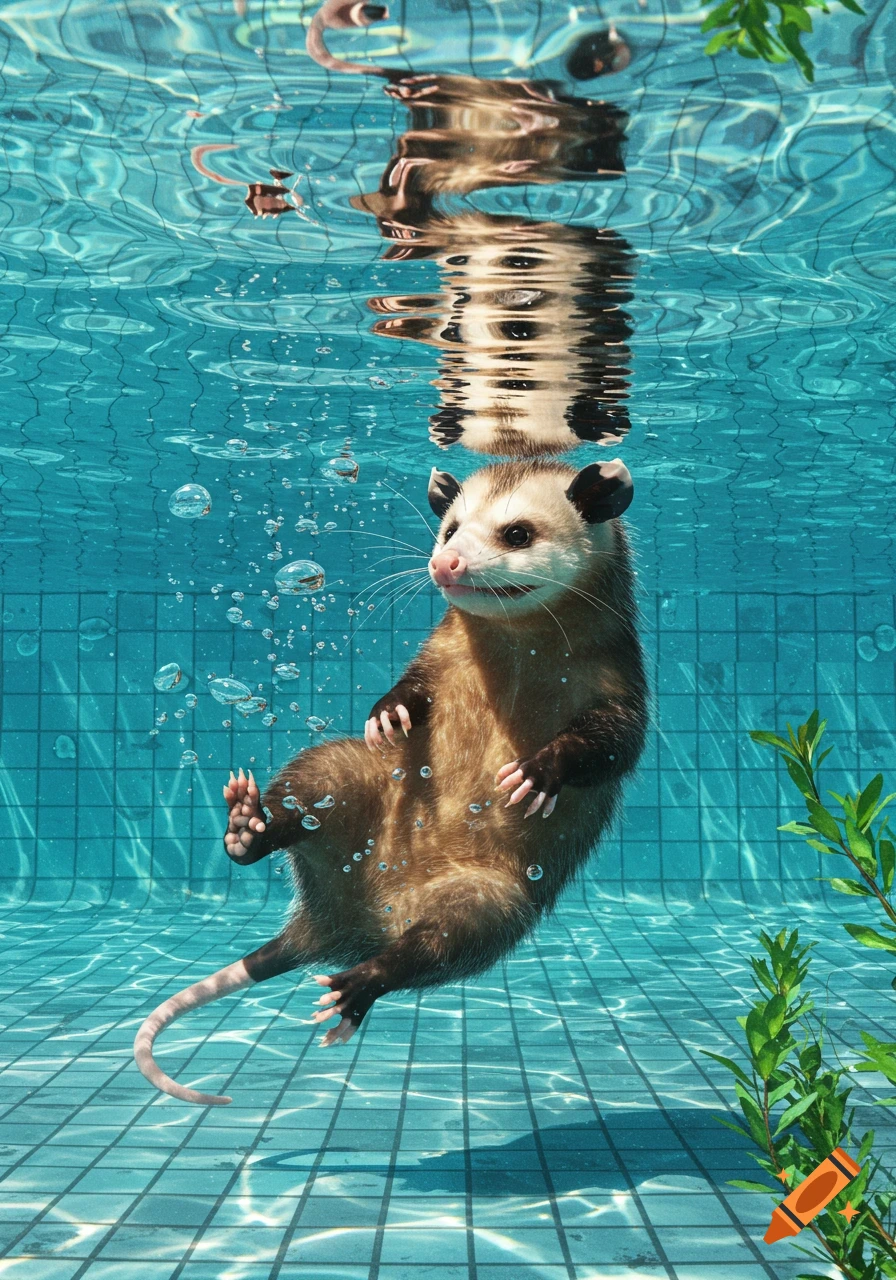 Photorealistic opossum swimming underwater in a bright blue tiled pool with bubbles.