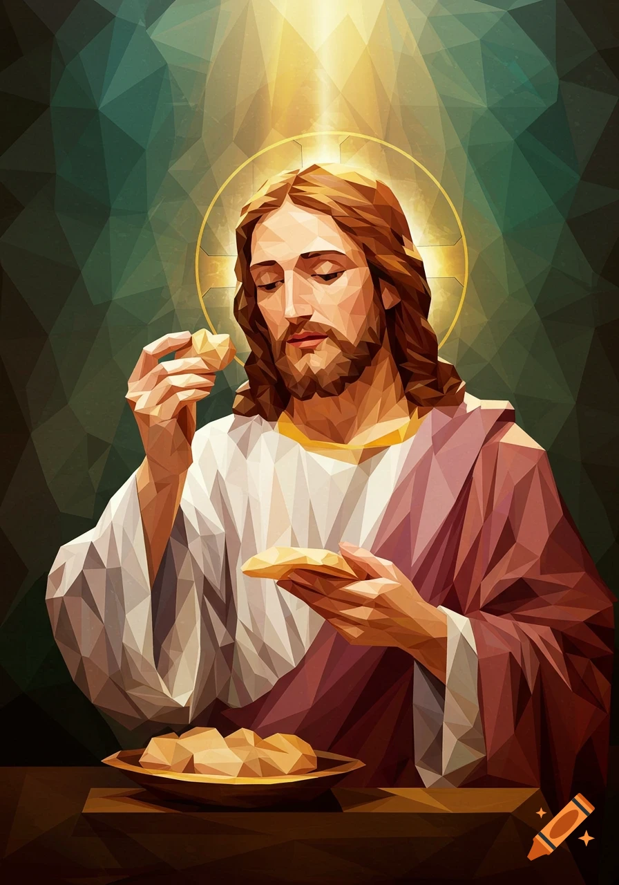 Polygonal art style portrait of Jesus with a halo, breaking bread, with a bowl of bread on a table.