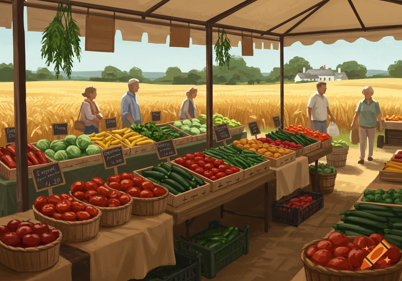 A vibrant farmers market scene with stalls overflowing with fresh fruits and vegetables, under a tent in a golden field. People browse the produce.