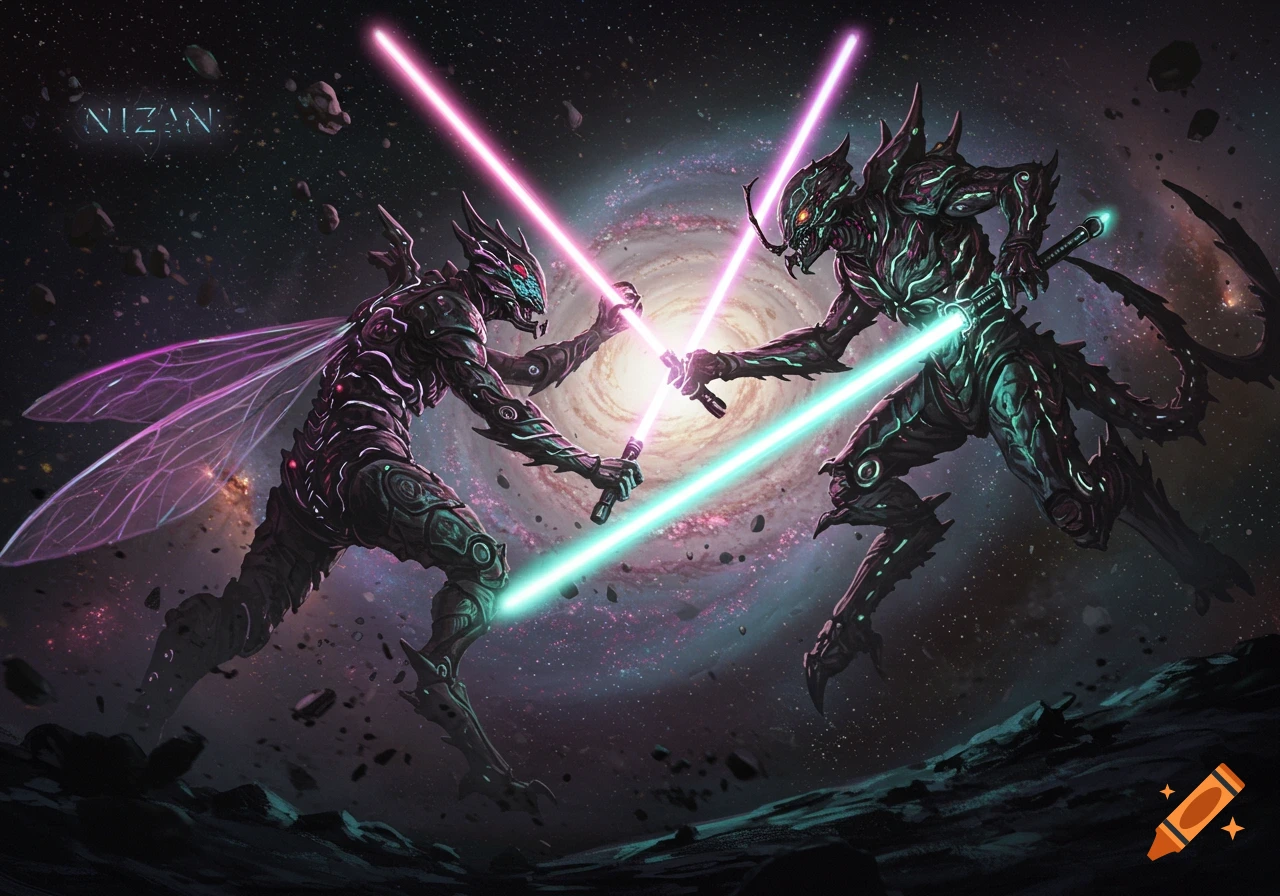 Two bug-like monsters with glowing swords duel in space with a spiral galaxy behind them. The style is detailed and vibrant.