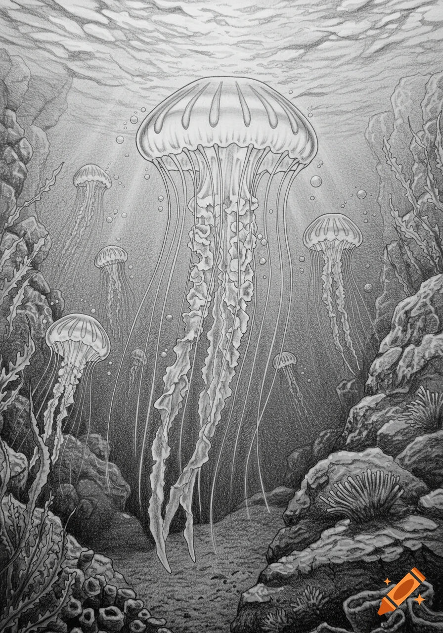 A detailed pencil sketch of multiple jellyfish swimming in an underwater reef environment.