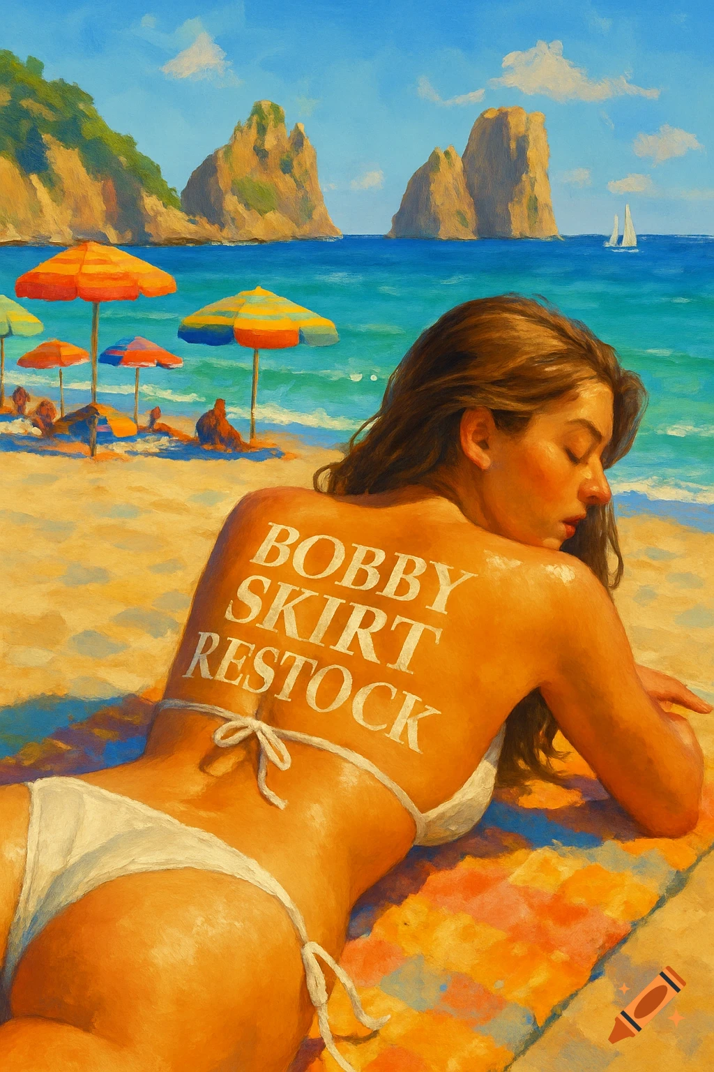 A woman sunbathing on a beach in Capri with "BOBBY SKIRT RESTOCK" spelled out on her back, in a painterly style.