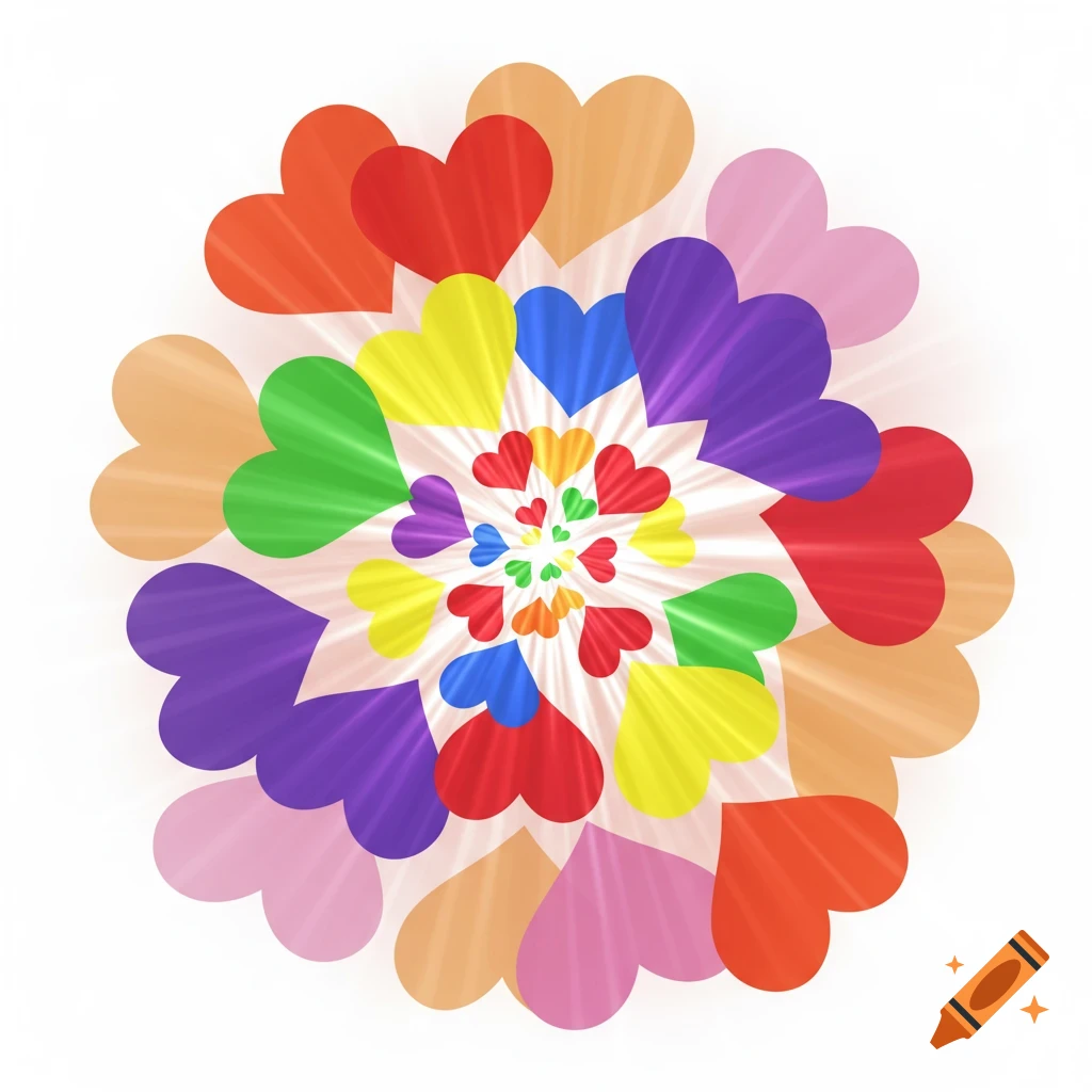 A vibrant, radial pattern of multicolored hearts with rays of light on a white background.