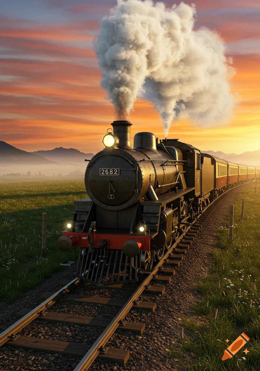 A majestic steam train travels through a vibrant green landscape under an orange and purple sunset sky.