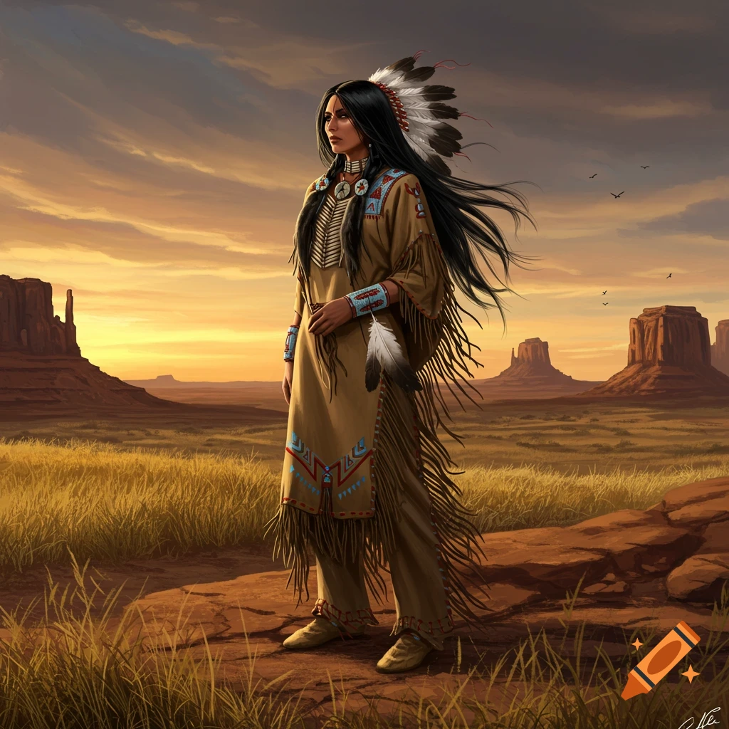 Native American woman in traditional attire stands in a vast desert landscape at sunset with rock formations.