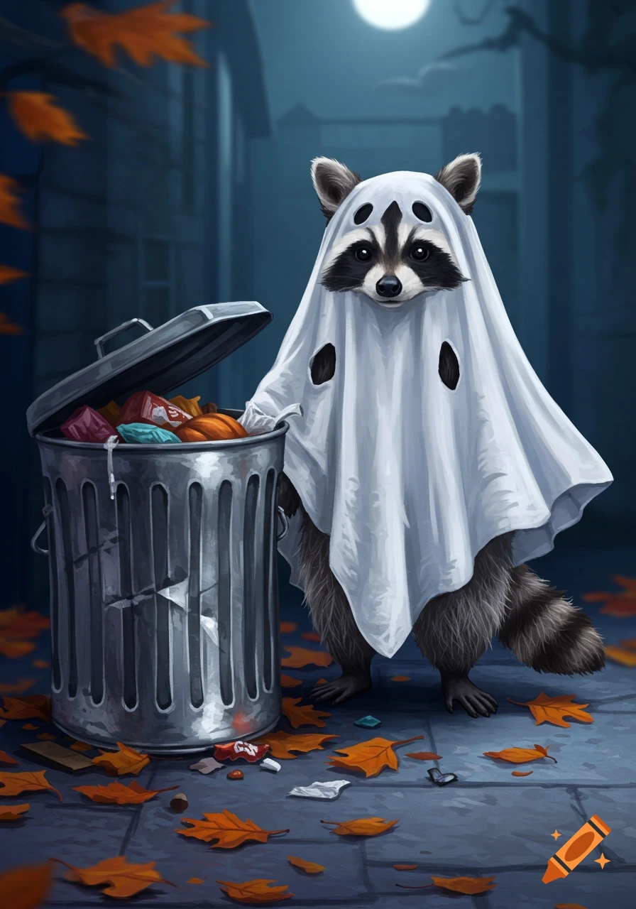 A cute raccoon in a white ghost costume stands next to a metal trash can full of candy on a dark, autumn night.
