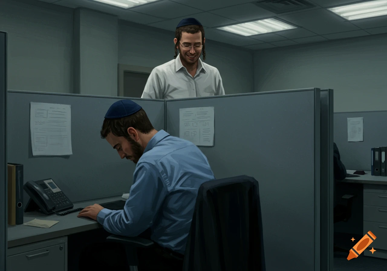 Two Orthodox Jewish men in an office cubicle. One looks sad while the other smiles from behind.