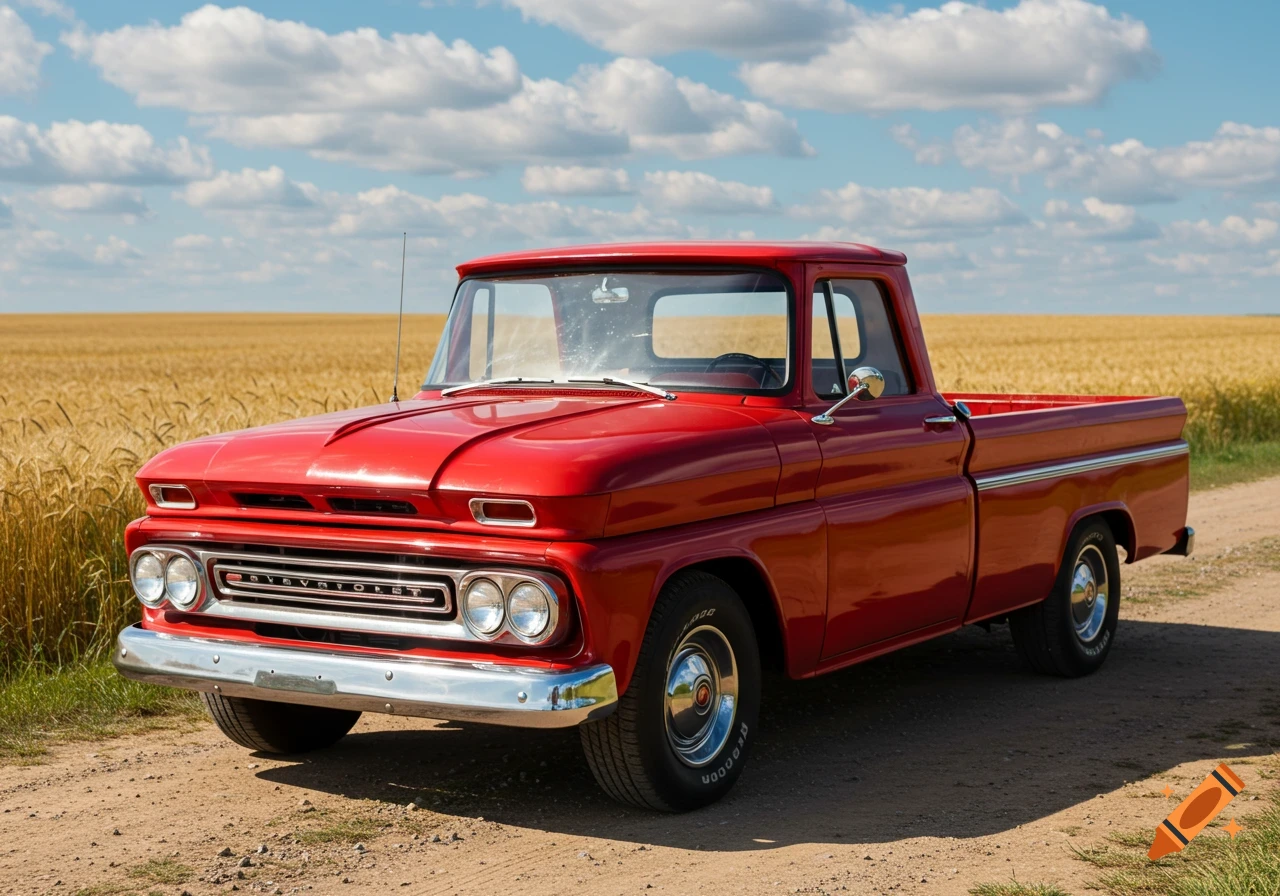 A red vintage Chevrolet pickup truck is parked on a dirt road in front of a golden wheat field under a blue, cloudy sky.