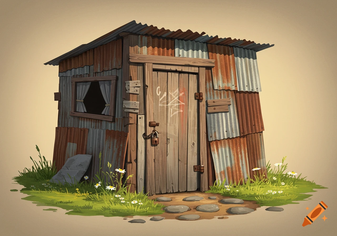 A rustic, animated makeshift hut made of wood and corrugated metal, with a window and a locked door, surrounded by grass and wildflowers.
