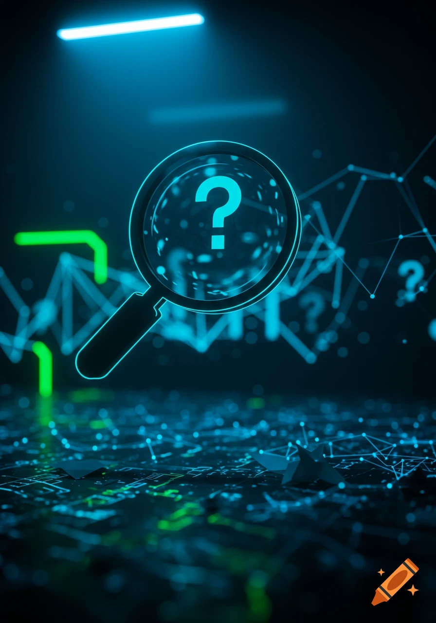 A glowing blue magnifying glass with a question mark inside, over an abstract dark background with blue and green digital patterns.