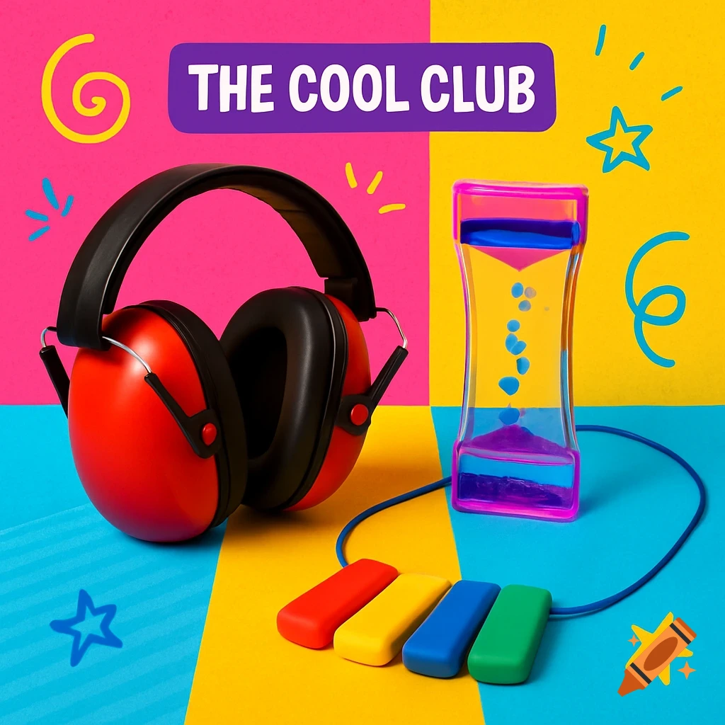Red noise-cancelling headphones, a colorful liquid timer, and a silicone chew necklace on a vibrant background with 'THE COOL CLUB' text.