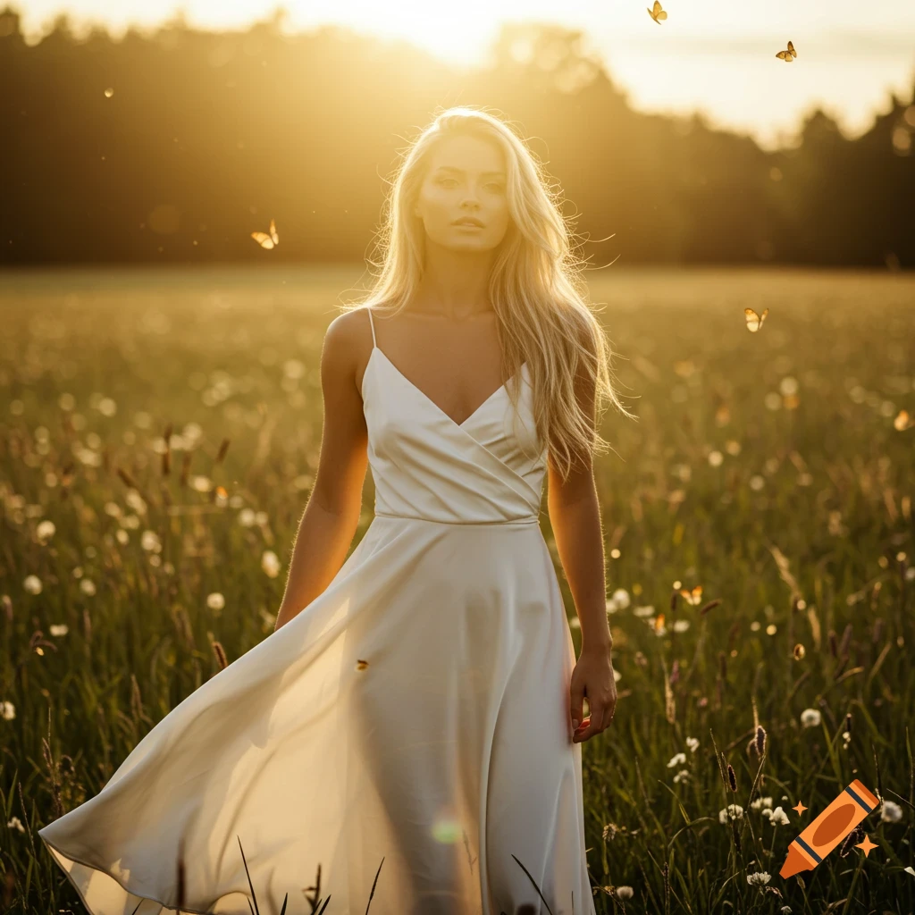 A blonde woman in a white dress stands in a sunny field with butterflies during golden hour.