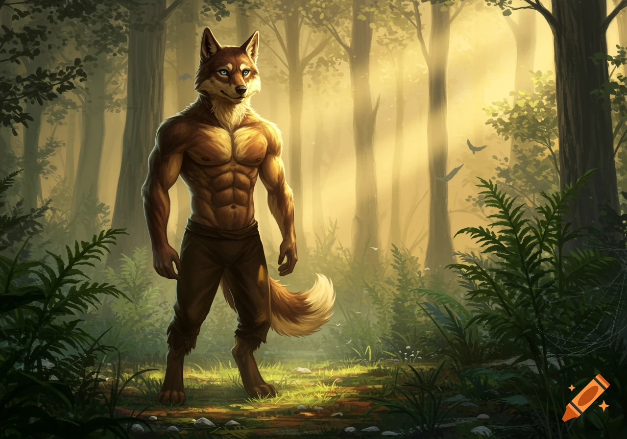 A muscular anthropomorphic wolf-man stands in a sunlit enchanted forest, digital painting.