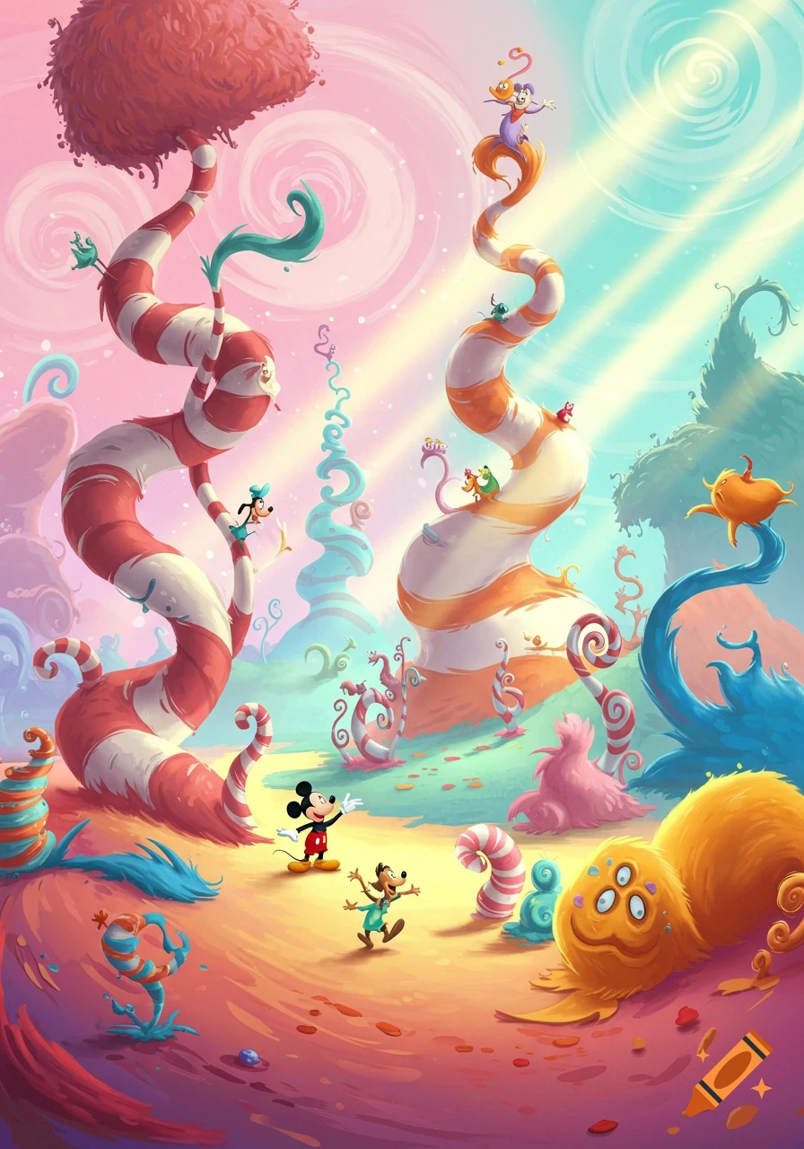 A whimsical Dr. Seuss-style illustration of Mickey Mouse and Goofy in a colorful candy land.