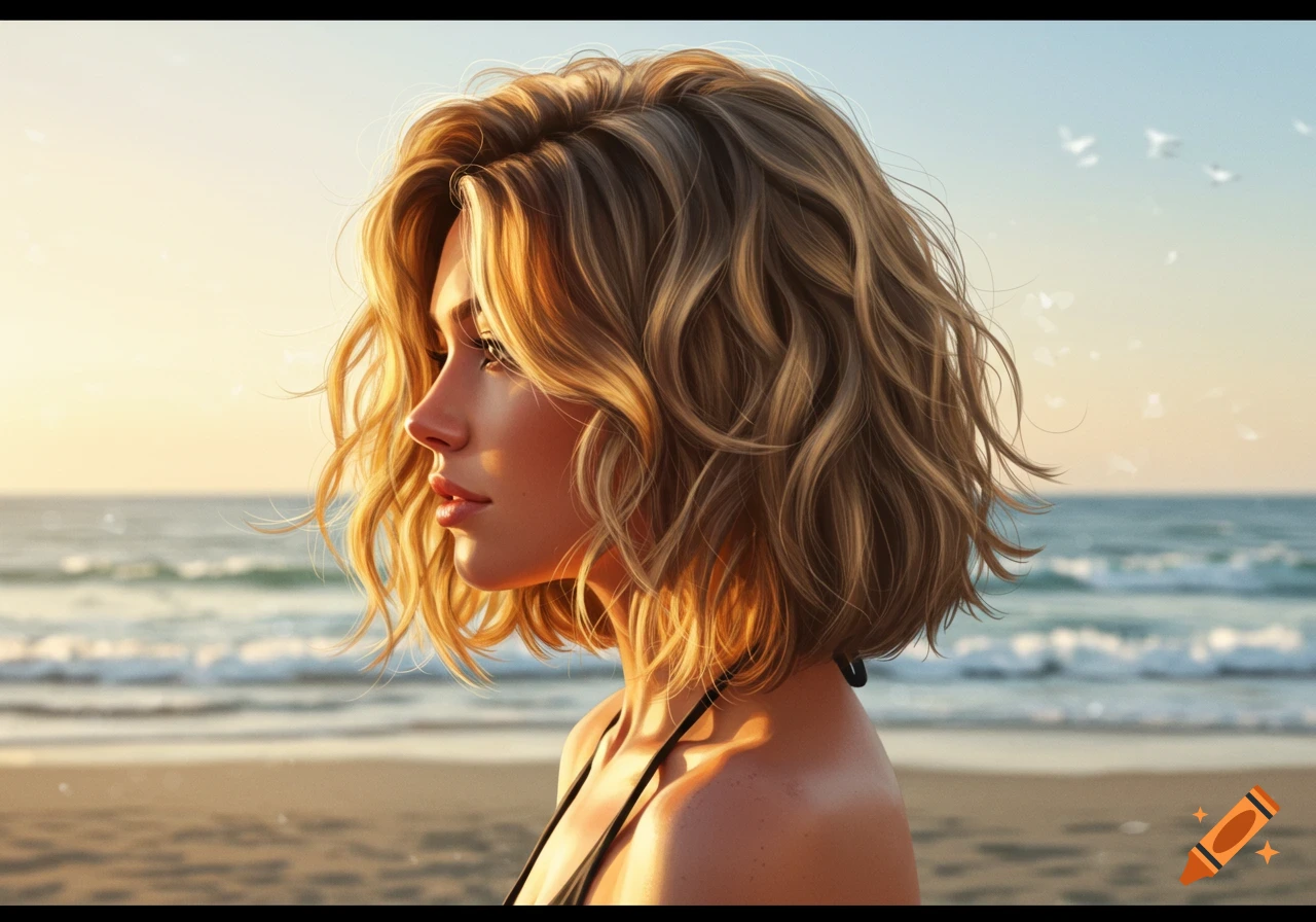 Photorealistic portrait of a woman with wavy blonde hair looking towards the ocean at sunset.
