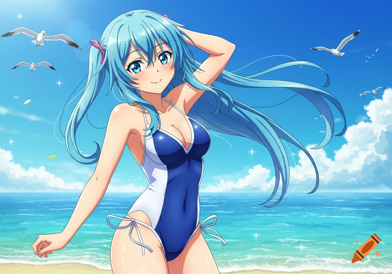 An anime woman with long blue hair smiles while standing on a beach in a blue and white swimsuit, with the ocean and seagulls in the background.