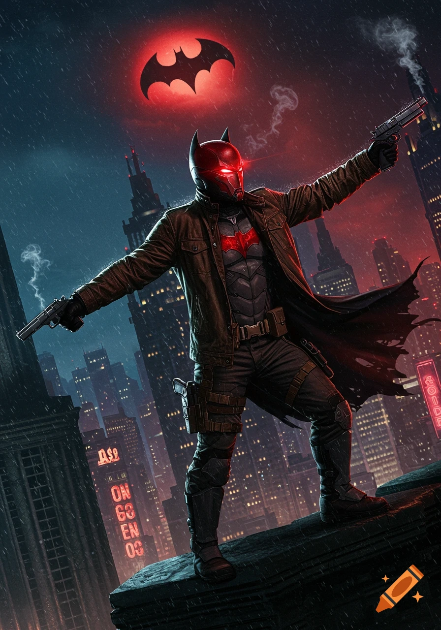 Red Hood stands on a rooftop in a rainy, neon-lit Gotham City, holding two pistols with a red Bat-Signal in the sky.