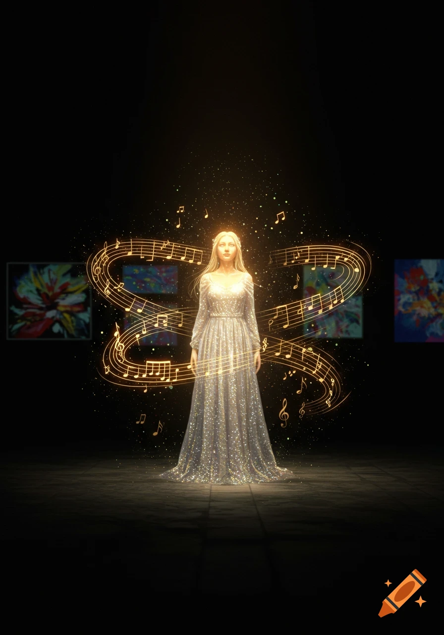 A woman in a sparkling dress stands in a dark room, illuminated by glowing musical notes swirling around her. Abstract paintings are visible in the background.