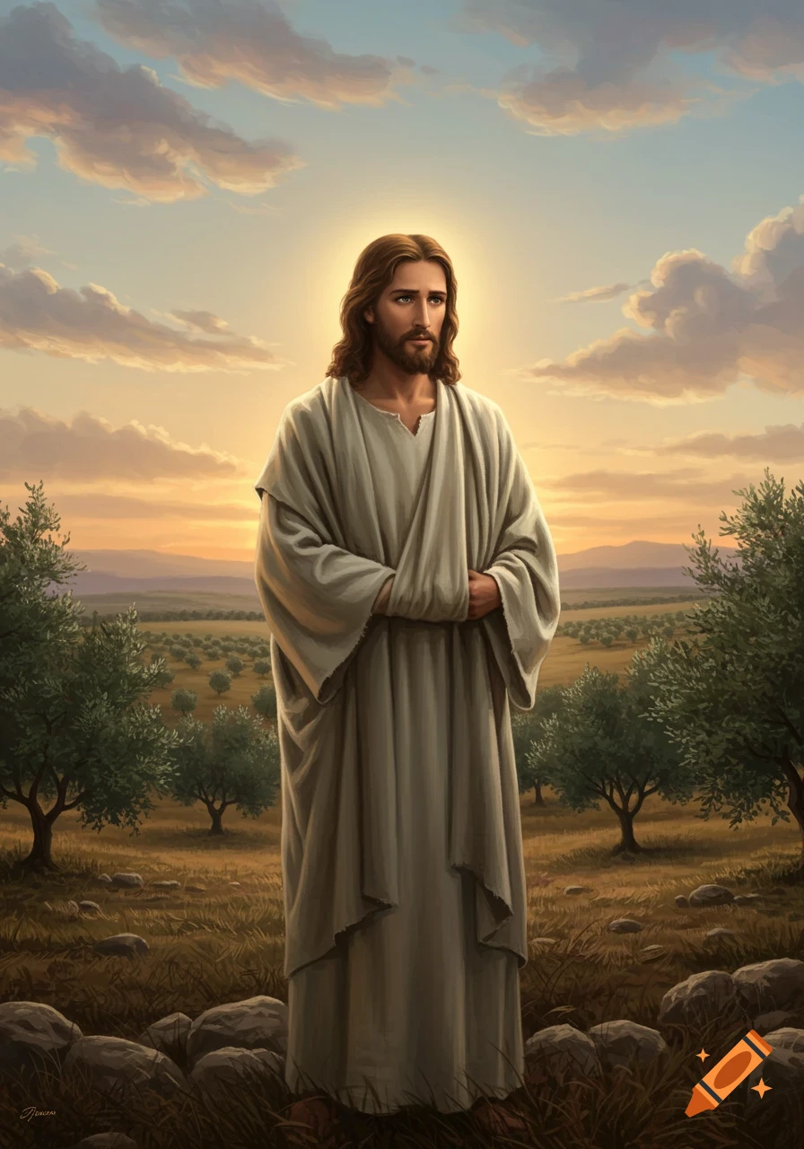 Digital painting of Jesus Christ standing in a field with olive trees at sunset.