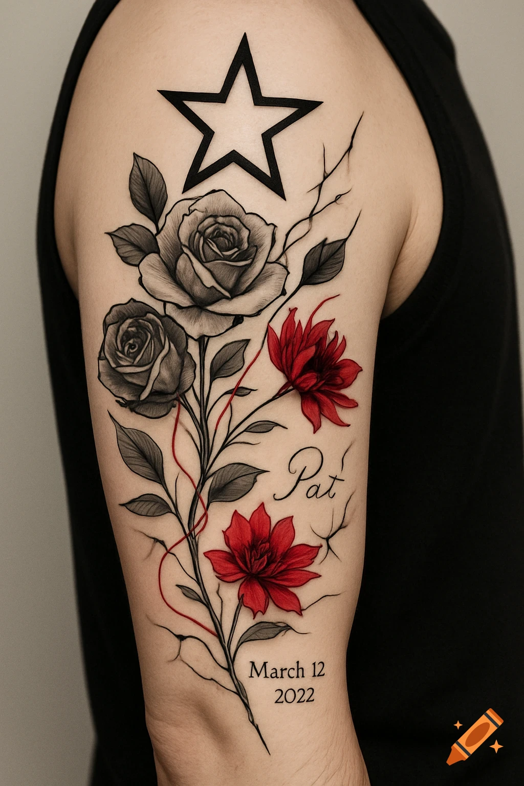 A detailed tattoo on an arm featuring black and white roses, red flowers, a black star outline, and the text 'Pat' and 'March 12, 2022'.
