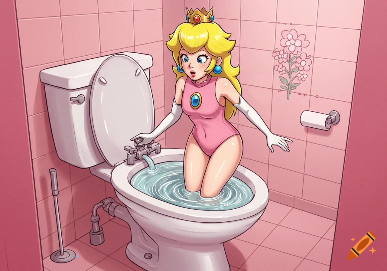 Cartoon Princess Peach in a pink swimsuit stands in a toilet with swirling water in a pink tiled bathroom.