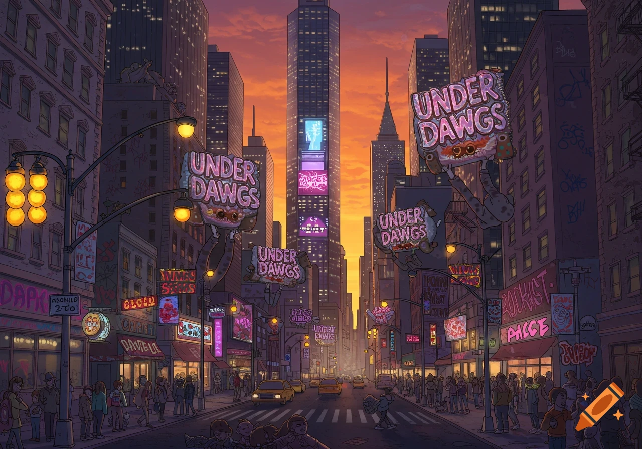 Animated cityscape at dusk with pedestrians, cars, and buildings, featuring large signs that say 'Under Dawgs' on a busy street.
